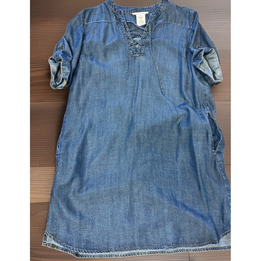 Philosophy Dark Denim Shift Dress Women M Blue Tencel Lace Up Pockets Boho Coast